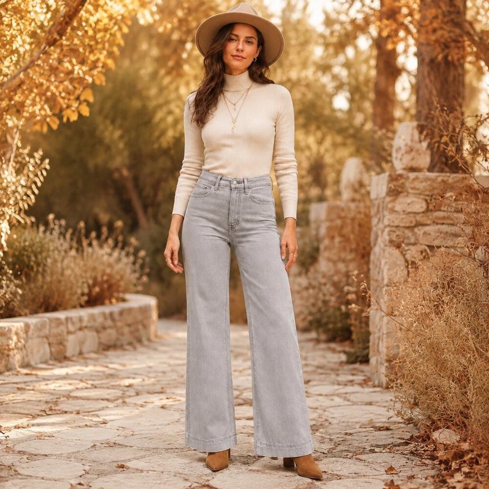 70’s Boho Luxe Light Gray Wide Leg Jean Maeve Anthropologie Full Length Denim 26